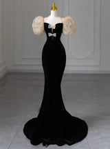 Black Mermaid Velvet Puffy Sleeve Prom Dress