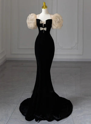 Black Mermaid Velvet Puffy Sleeve Prom Dress