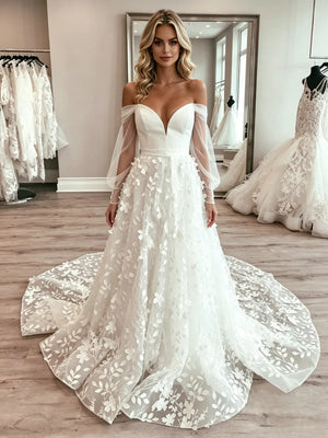 White Tulle Long Sleeve Lace Wedding Dress