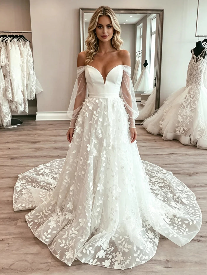 White Tulle Long Sleeve Lace Wedding Dress