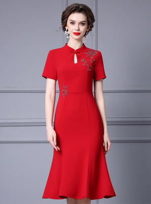 Red Short Sleeve Beading Mother Of The Bride Dress