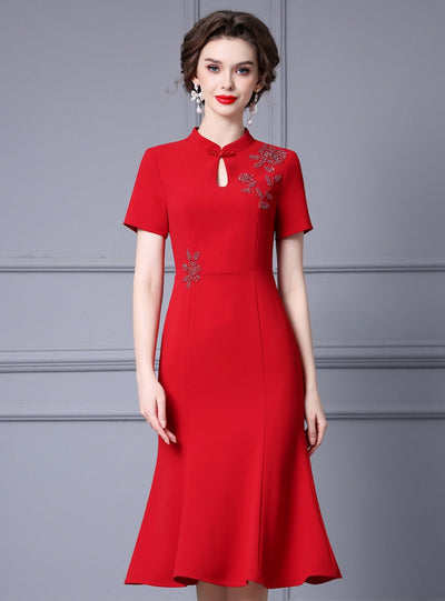 Red Short Sleeve Beading Mother Of The Bride Dress