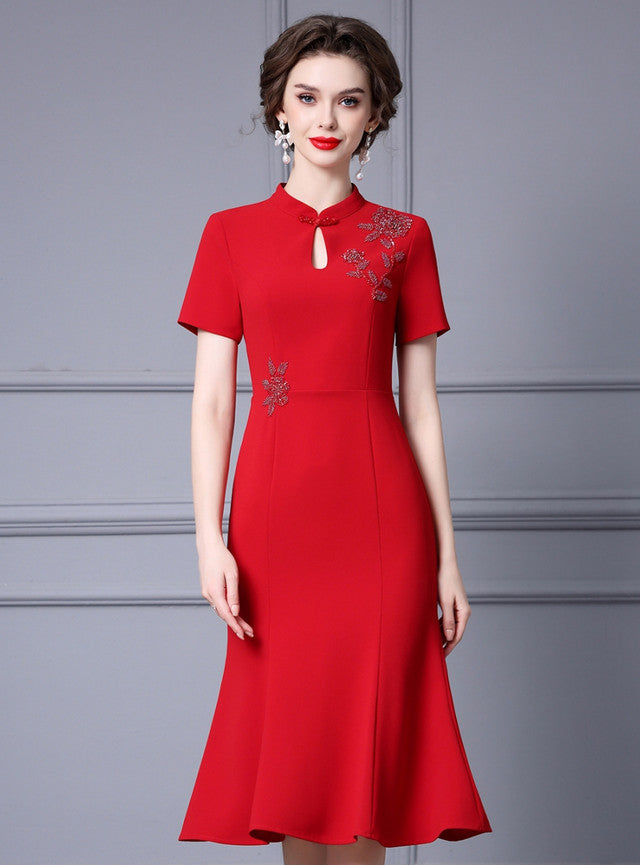 Red Short Sleeve Beading Mother Of The Bride Dress
