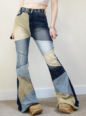 Multi-color Stitching Irregularly Washed Jeans
