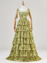 Simple Green Straps Print Tiers Prom Dress