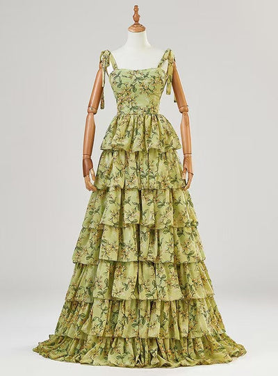 Simple Green Straps Print Tiers Prom Dress
