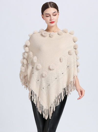 Fringed Fur Ball Round Neck Shawl Cloak