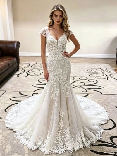 White Mermaid V-neck Lace Wedding Dress