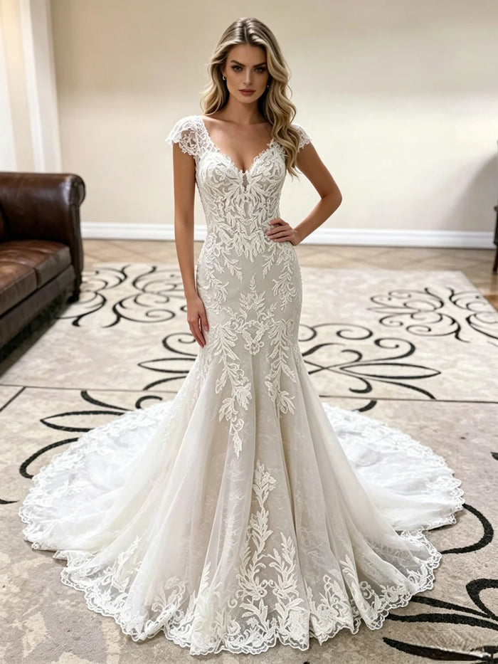 White Mermaid V-neck Lace Wedding Dress