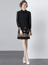 Embroidered Lapel Long Sleeve Dress