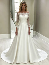 White Satin Lace Short Sleeve Wedding Dress