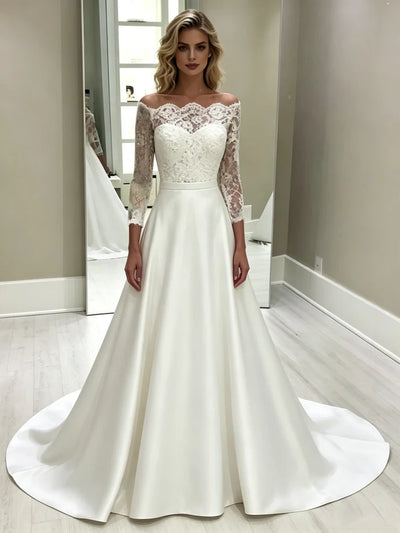 White Satin Lace Short Sleeve Wedding Dress