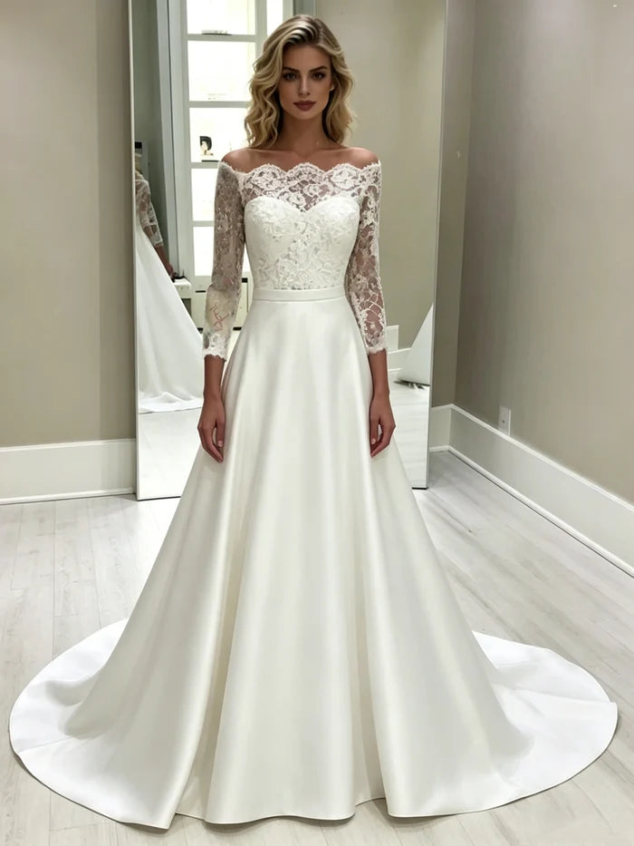 White Satin Lace Short Sleeve Wedding Dress