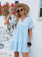 Solid Color V-neck Loose Pleated Dress
