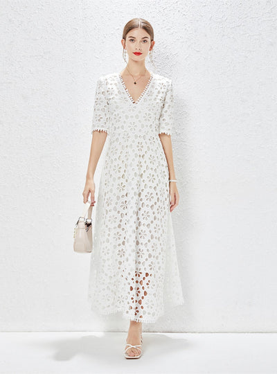 V-neck Short Sleeve Waist Hollow Dress