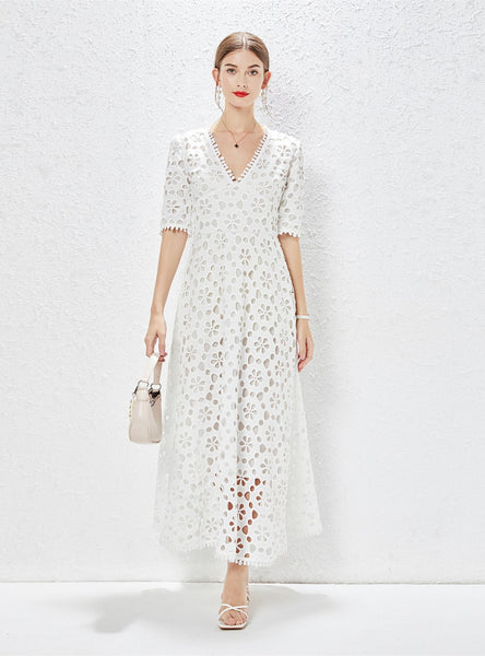 V-neck Short Sleeve Waist Hollow Dress
