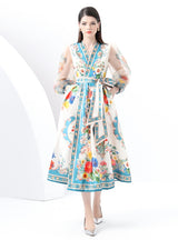 Retro Printed V-neck Bubble Sleeve Dress