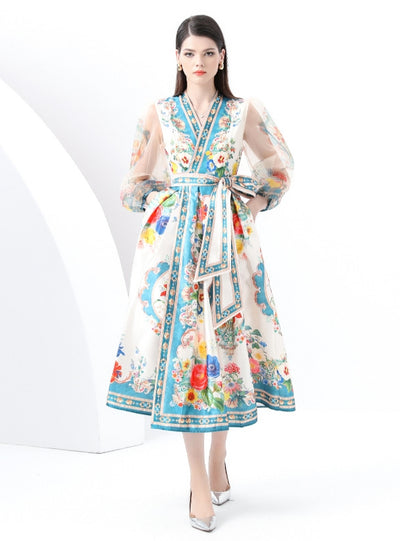 Retro Printed V-neck Bubble Sleeve Dress