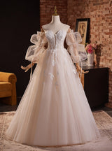 White Tulle Lace Long Sleeve Appliques Wedding Dress