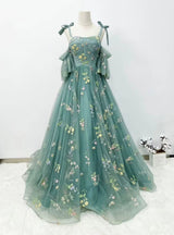 Green Tulle Embroidery Straps Prom Dress