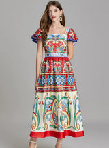 Printed Slim High Waist Flying Sleeve Dress