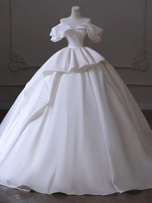 White Satin Off the Shoulder Pleats Wedding Dress