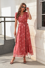 V-neck High Waist Split Short Sleeve Dress