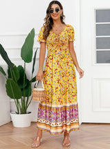 V-neck Puff Sleeves Drawstring Dress