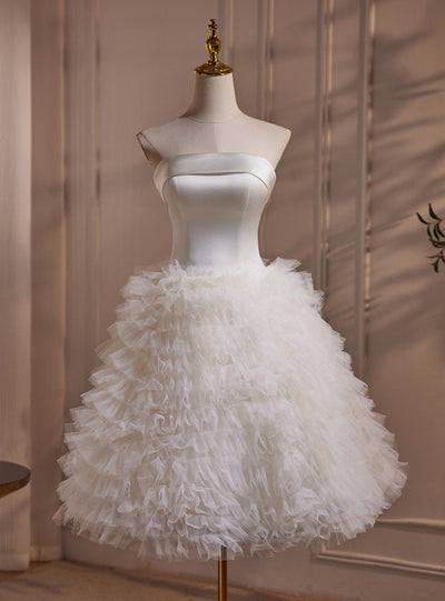 White Tulle Satin Tiers Wedding Dress
