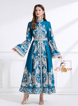 Retro Flared Sleeve Round Neck Printed Dress