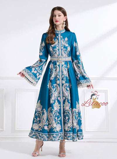 Retro Flared Sleeve Round Neck Printed Dress