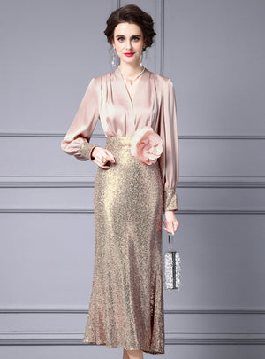 Long Sleeve V-neck Sequins Mother Of The Bride Dress
