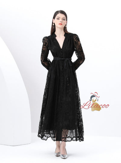 V-neck Lace Single-breasted Long Dress