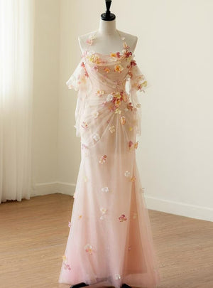 Sexy Pink Tulle Long Sleeve Flower Prom Dress