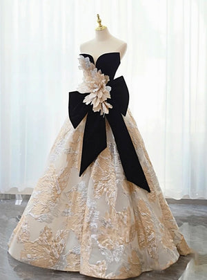 Black Velvet Bow Flower Strapless Prom Dress