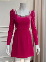 Fuchsia Long Sleeve Velvet Crystal Prom Dress