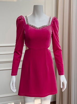 Fuchsia Long Sleeve Velvet Crystal Prom Dress