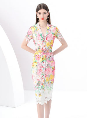 Short Sleeve Slim Lace Floral Print Song Dress