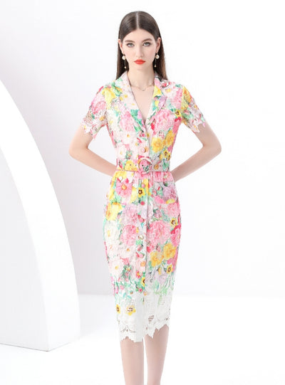 Short Sleeve Slim Lace Floral Print Song Dress
