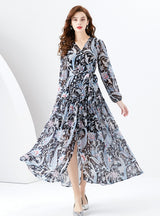 V-neck Lantern Sleeve Long Retro Print Dress