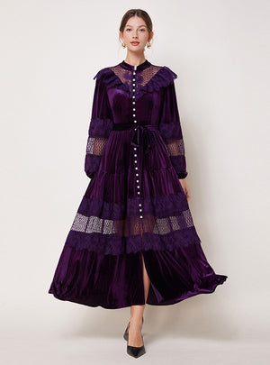 Retro Pearl Buckle Lace Mosaic Velvet Dress