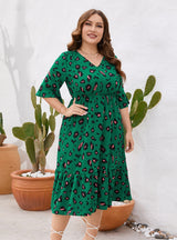 V-neck Short-sleeved Ruffled Printed Dress