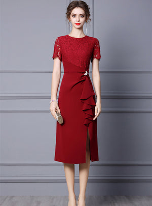 Burgundy Lace Short Sleeve Mother Of The Bride Dress
