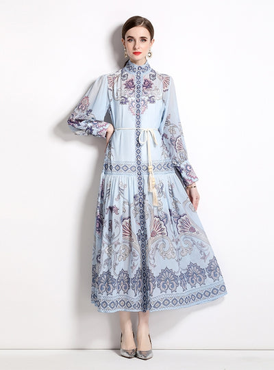 Holiday Style Retro Printed Long-sleeved Dress
