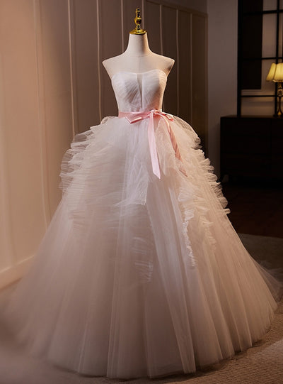 White Tulle Strapless Pleats Wedding Dress