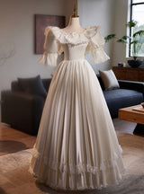 White Satin Lace Puff Sleeve Wedding Dress