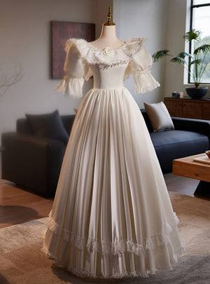 White Satin Lace Puff Sleeve Wedding Dress