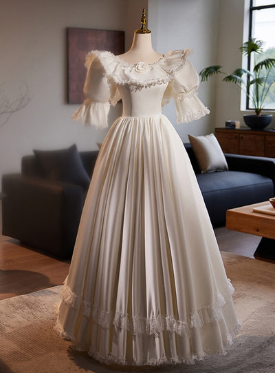 White Satin Lace Puff Sleeve Wedding Dress