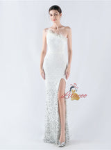 One Shoulder Sequins Feather Prom Dress