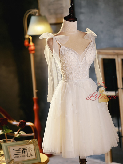 Ivory White Straps Tulle Beading Homecoming Dress